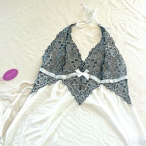 Black-and-white halter top dress lingerie with matching white G string panties